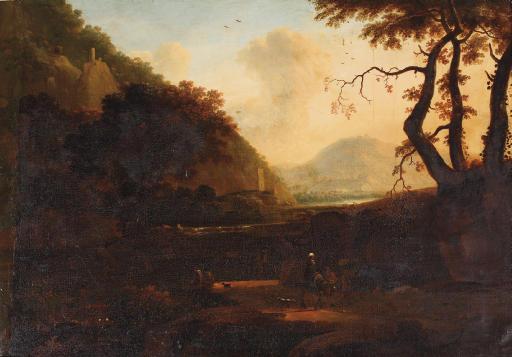 Bartholomeus Appelman - An Italianate River Landscape With Travellers On A Track