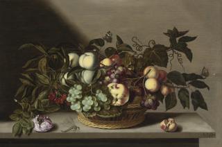 Bartholomeus Assteyn - A Still Life Of Grapes, Cherries, Peaches And Other Fruit In A Basket, With A Rose And A Dragonfly On A Stone Ledge