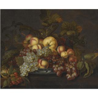 Bartholomeus Assteyn - A Still Life With Grapes, Peaches And Other Fruit In A Porcelain Dish On A Partially-Draped Table