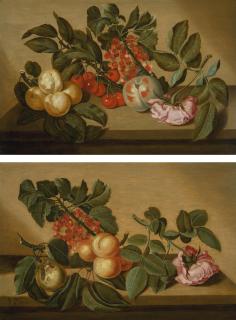 Bartholomeus Assteyn - Still Life With Apricots, Cherries, Currants, A Peach, And A Pink Rose On A Ledge; And Still Life With A Pear, Currants, Apricots And A Pink Rose On A Ledge