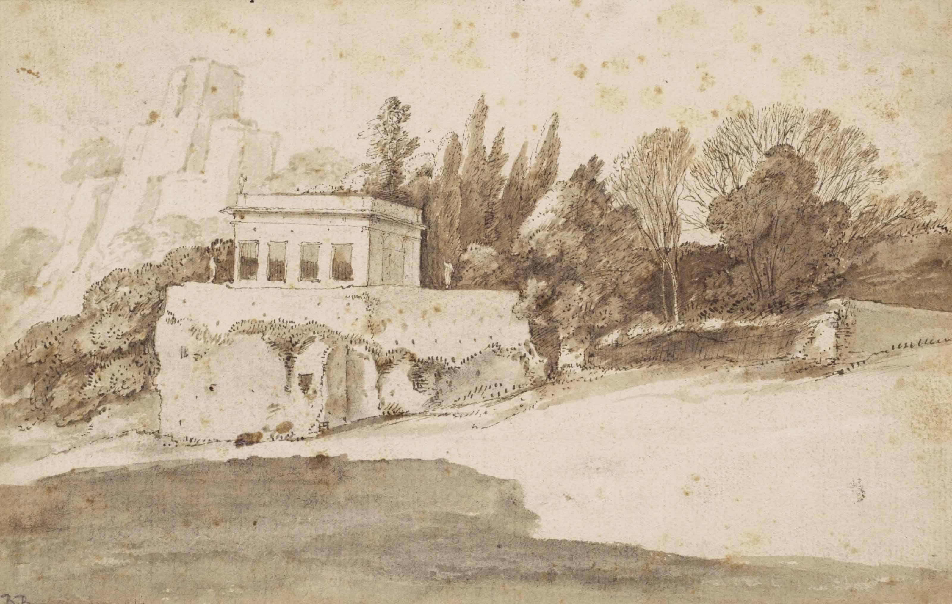 Bartholomeus Breenbergh - A landscape with a casino ( recto ); Study of trees ( verso )