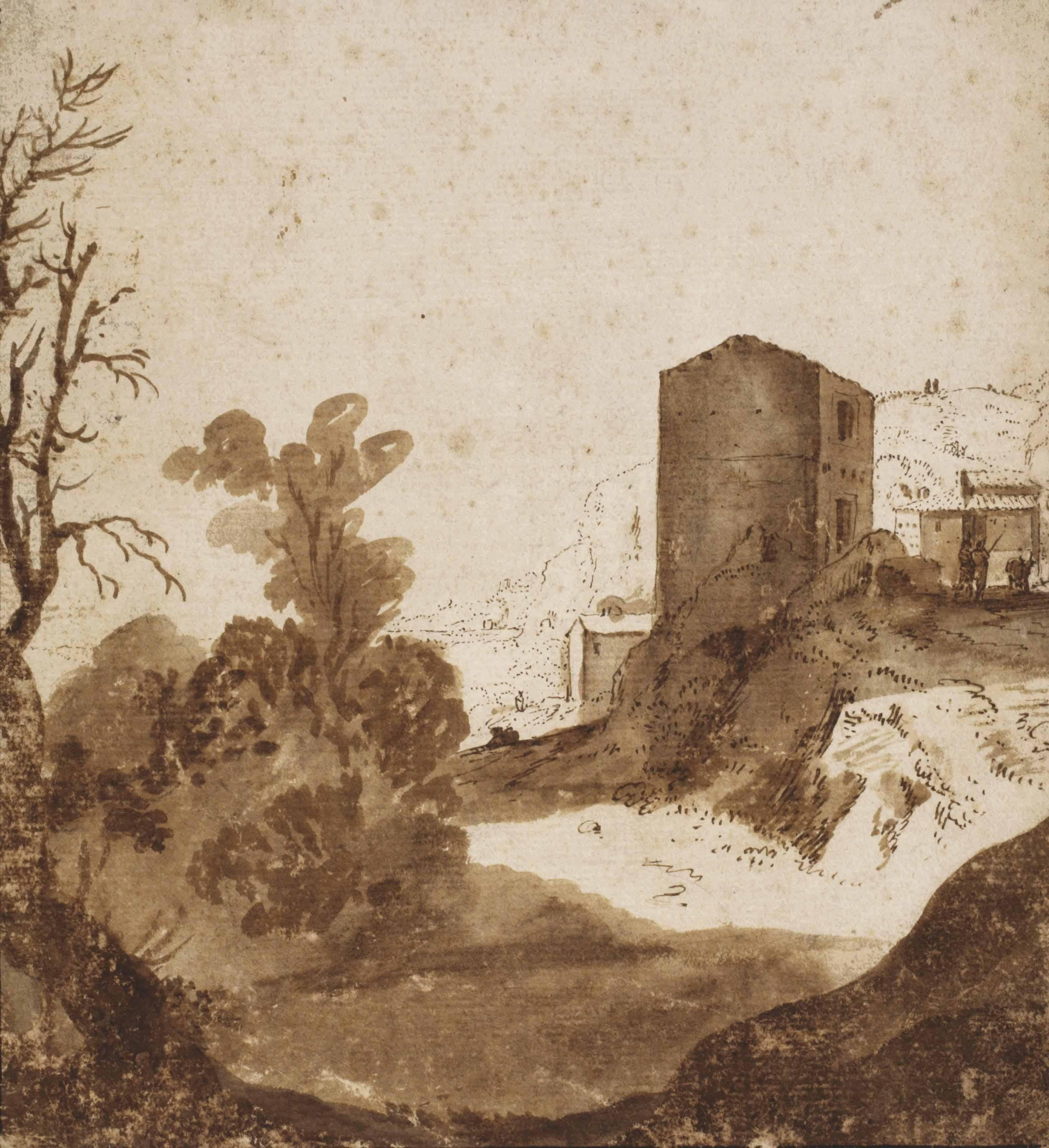 Bartholomeus Breenbergh - A Tower In A Hilly Landscape Near Rome