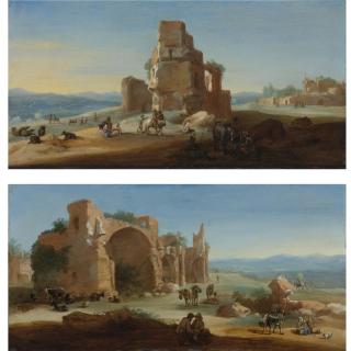 Bartholomeus Breenbergh - An Extensive Pastoral Landscape With Figures Resting Beneath Ancient Ruins; An Extensive Pastoral Landscape With Travellers Passing By An Ancient Ruin, With Further Ruins In The Far Distance 