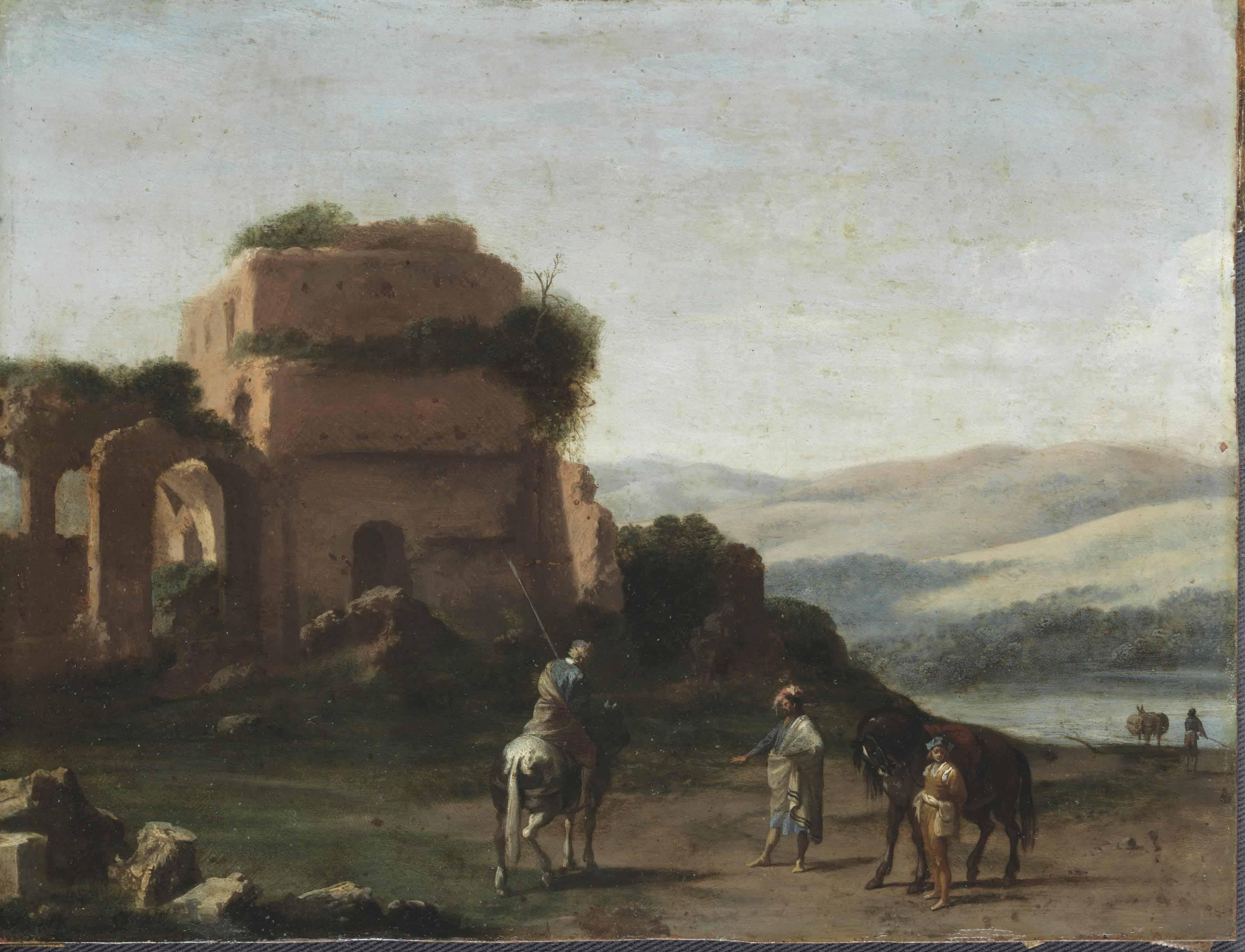 Bartholomeus Breenbergh - An Italianate Landscape With Figures Before A Ruined Classical Building