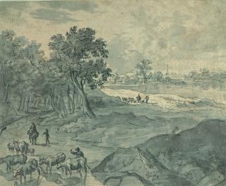 Bartholomeus Breenbergh - Breiter Weg mit Viehherden vor einem Dorf.