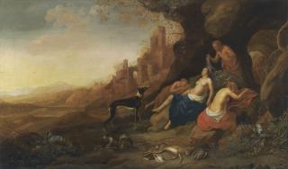 Bartholomeus Breenbergh - Diana And Her Nymphs Resting After A Hunt With Two Satyrs Spying On Them