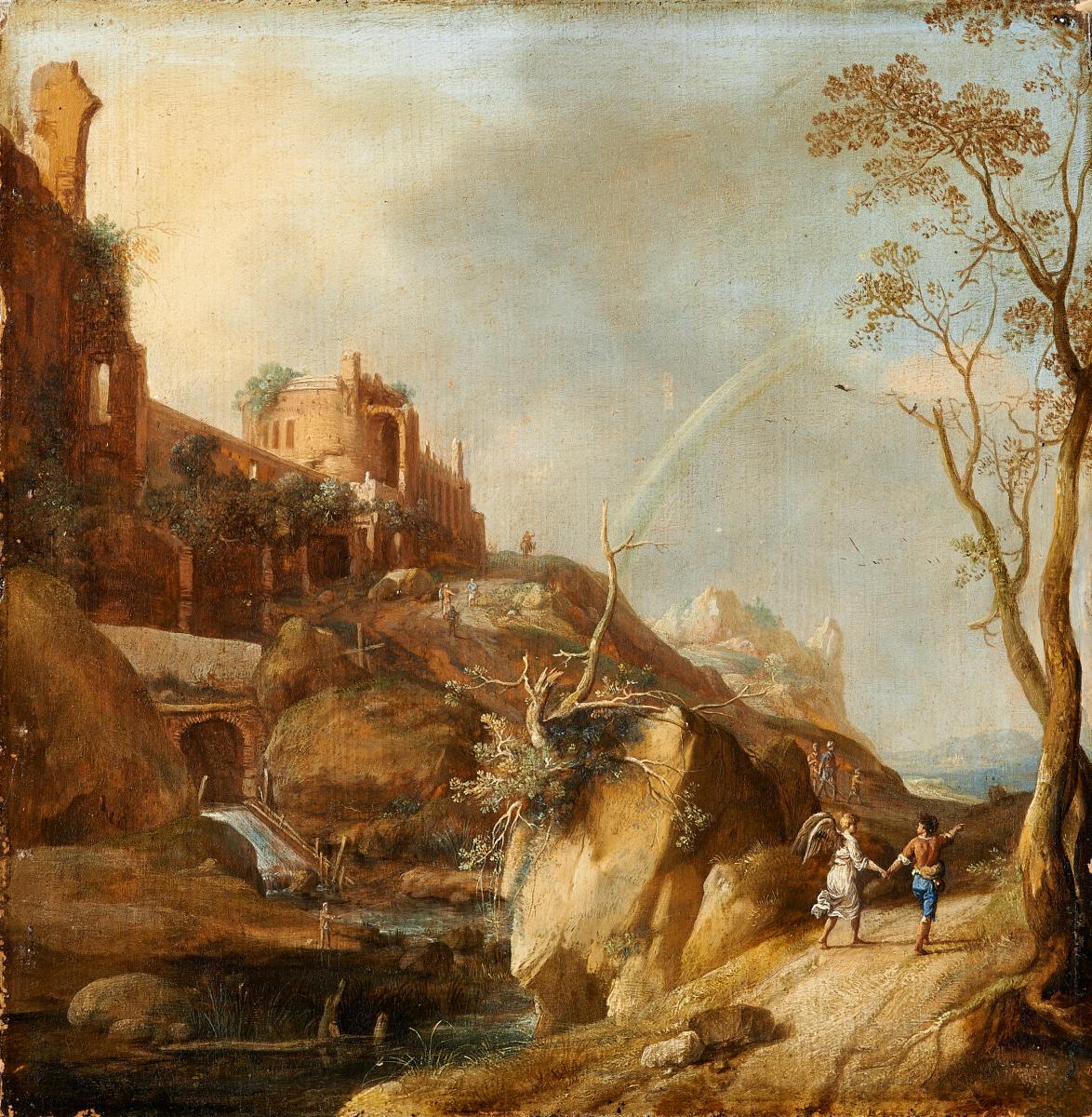Bartholomeus Breenbergh - Gebirgige Landschaft mit Tobias und dem Engel