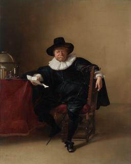 Bartholomeus Breenbergh - Portrait of a gentleman holding a letter, full-length, seated with a sword beside a draped table with a globe, candlestick, inkwell, books and letter