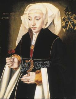 Bartholomeus Bruyn I - Portrait of Maria Pastoir, née Unverdorben, aged 30, three-quarter-length, in a black dress and white headdress with a jewelled belt, a pink in her right hand