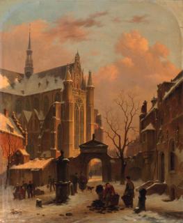 Bartholomeus Johannes Van Hove - A cappriccio view of the Hooglandse Kerk, Leiden, in winter
