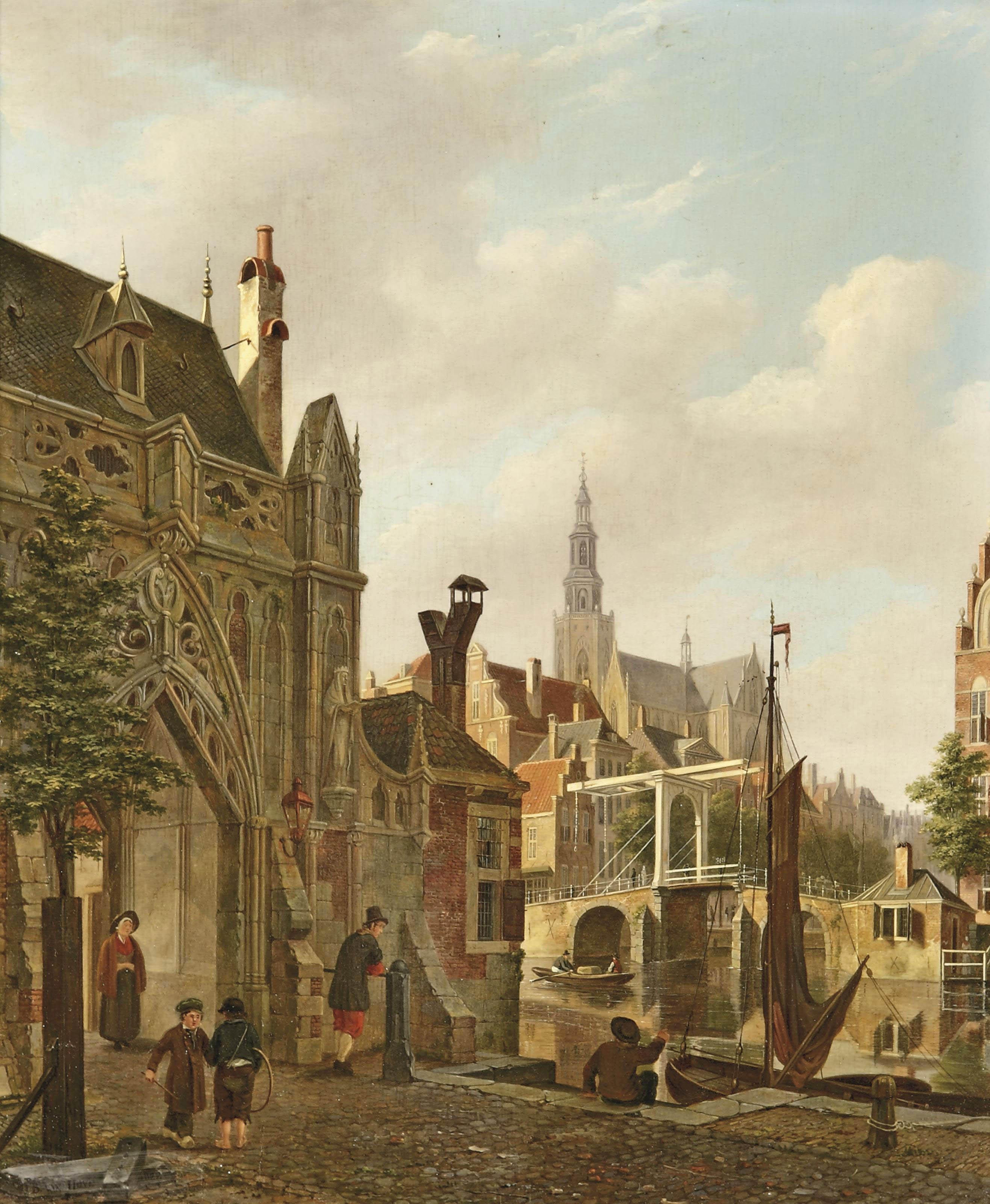 Bartholomeus Johannes van Hove - A \'capriccio\' view of a Dutch town with children playing hoop