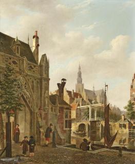 Bartholomeus Johannes van Hove - A \'capriccio\' view of a Dutch town with children playing hoop