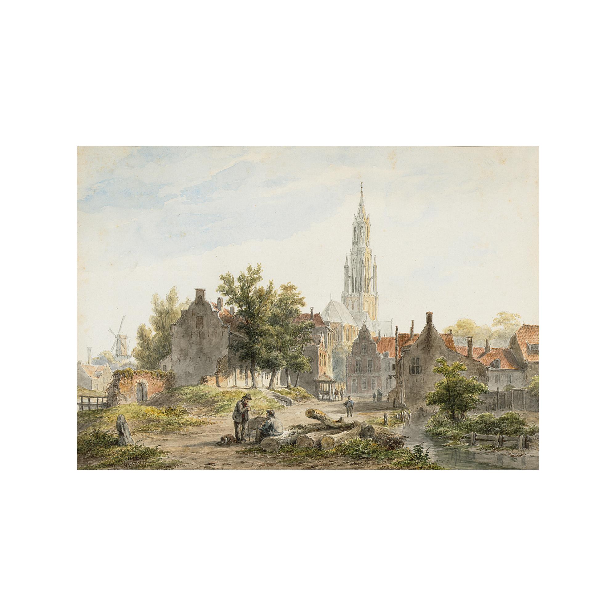 Bartholomeus Johannes van Hove - A Dutch Town View With Figures Conversing