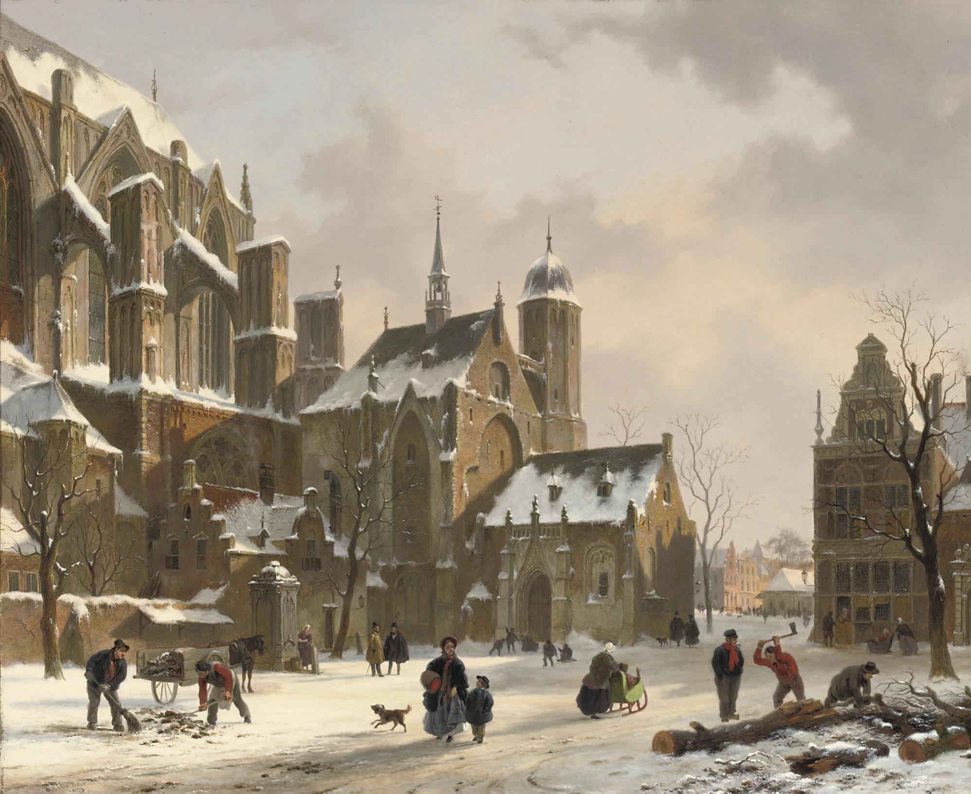 Bartholomeus Johannes Van Hove - Daily activities near a sunlit church in winter