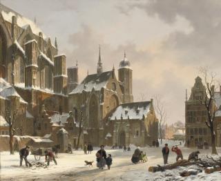 Bartholomeus Johannes Van Hove - Daily activities near a sunlit church in winter