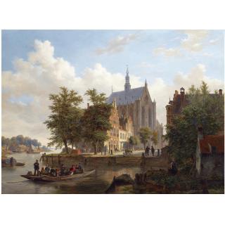 Bartholomeus Johannes Van Hove - Dutch A Ferry Crossing The Binnen Spaarne Canal In Haarlem, The Sint Bavo Church In The Background 