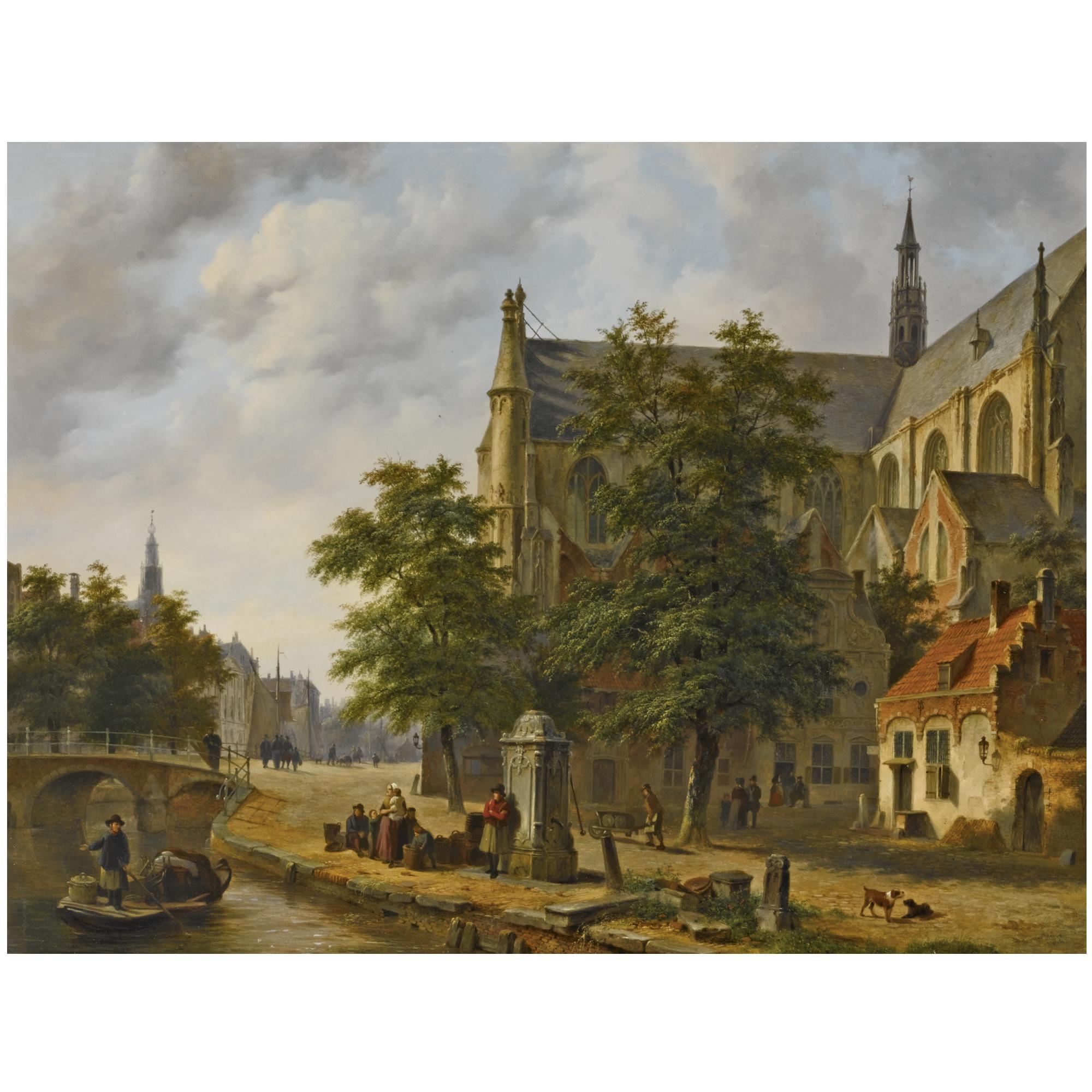 Bartholomeus Johannes van Hove - Dutch Figures Near A Church In A Dutch Town