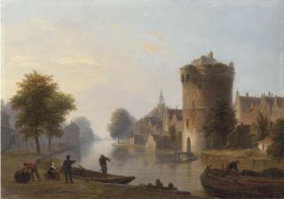 Bartholomeus Johannes Van Hove - Figures by a Dutch canal