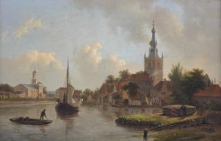 Bartholomeus Johannes Van Hove - Overschie: figures repairing a boat along the river by Overschie