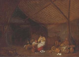 Bartholomeus Molenaer - A barn interior with a woman and children peeling onions, earthenware pots, carrots, onions and a cabbage nearby
