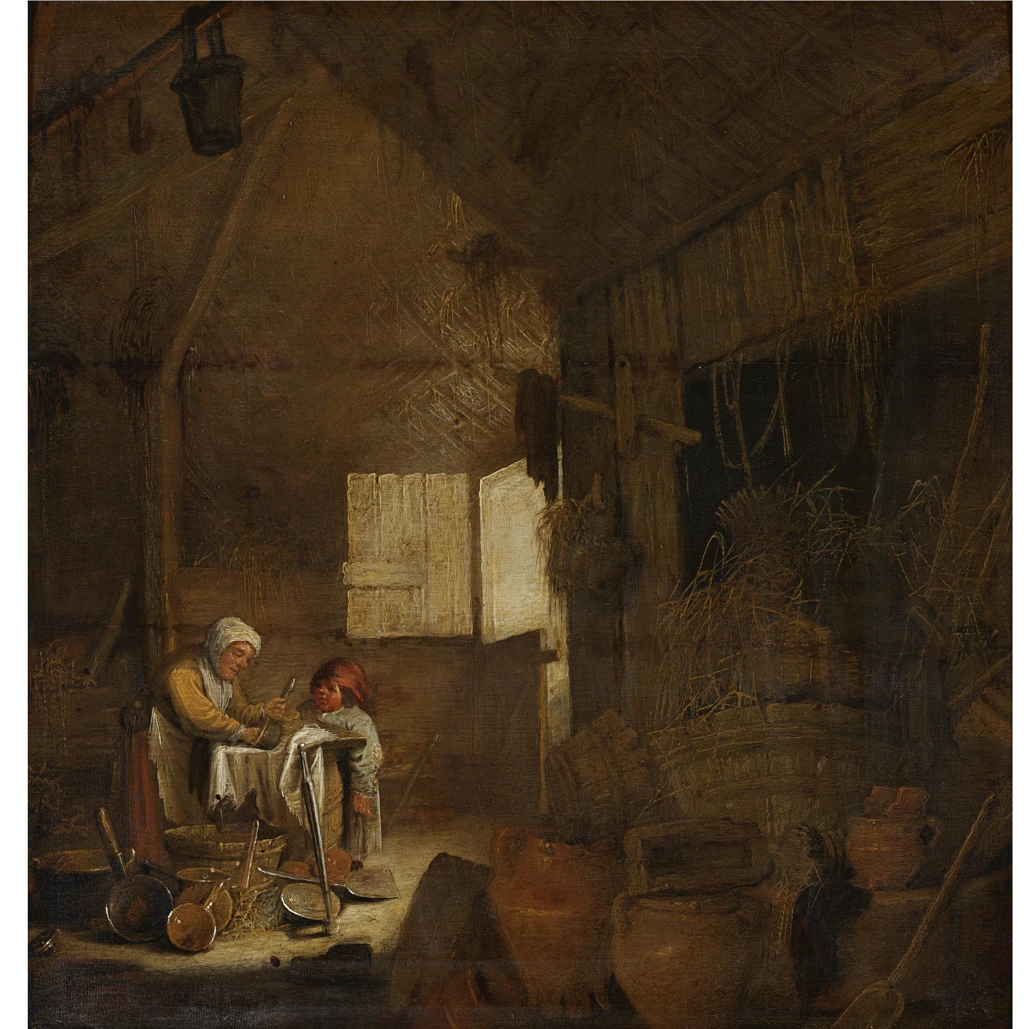 Bartholomeus Molenaer - A Barn Interior With Peasant Woman Cleaning Pots