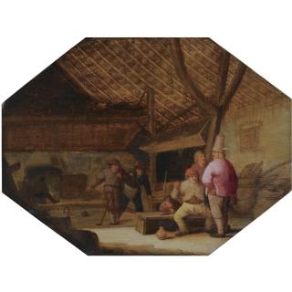 Bartholomeus Molenaer - A Barn Interior With Peasants Conversing And Playing Ball