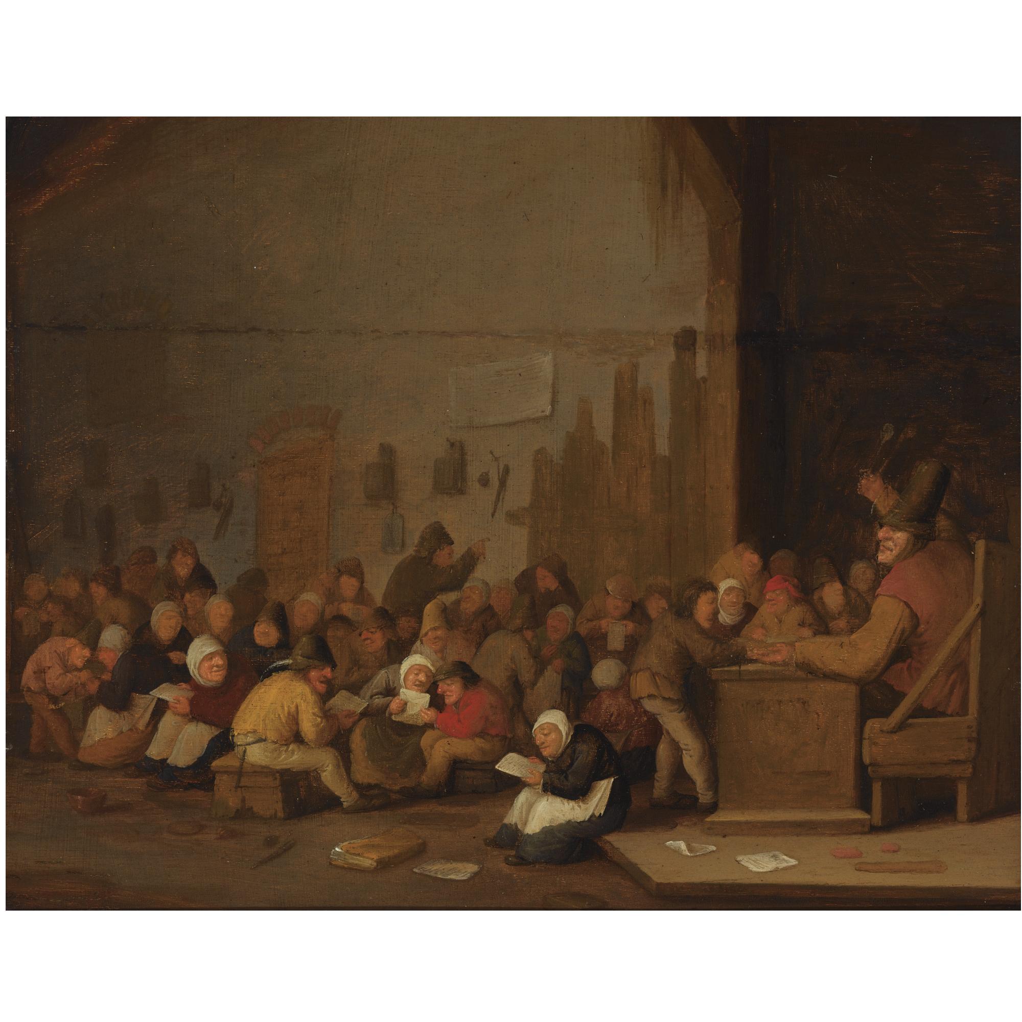 Bartholomeus Molenaer - A School Room Interior With Children Reading And Playing, A Teacher Seated Behind A Desk On The Right