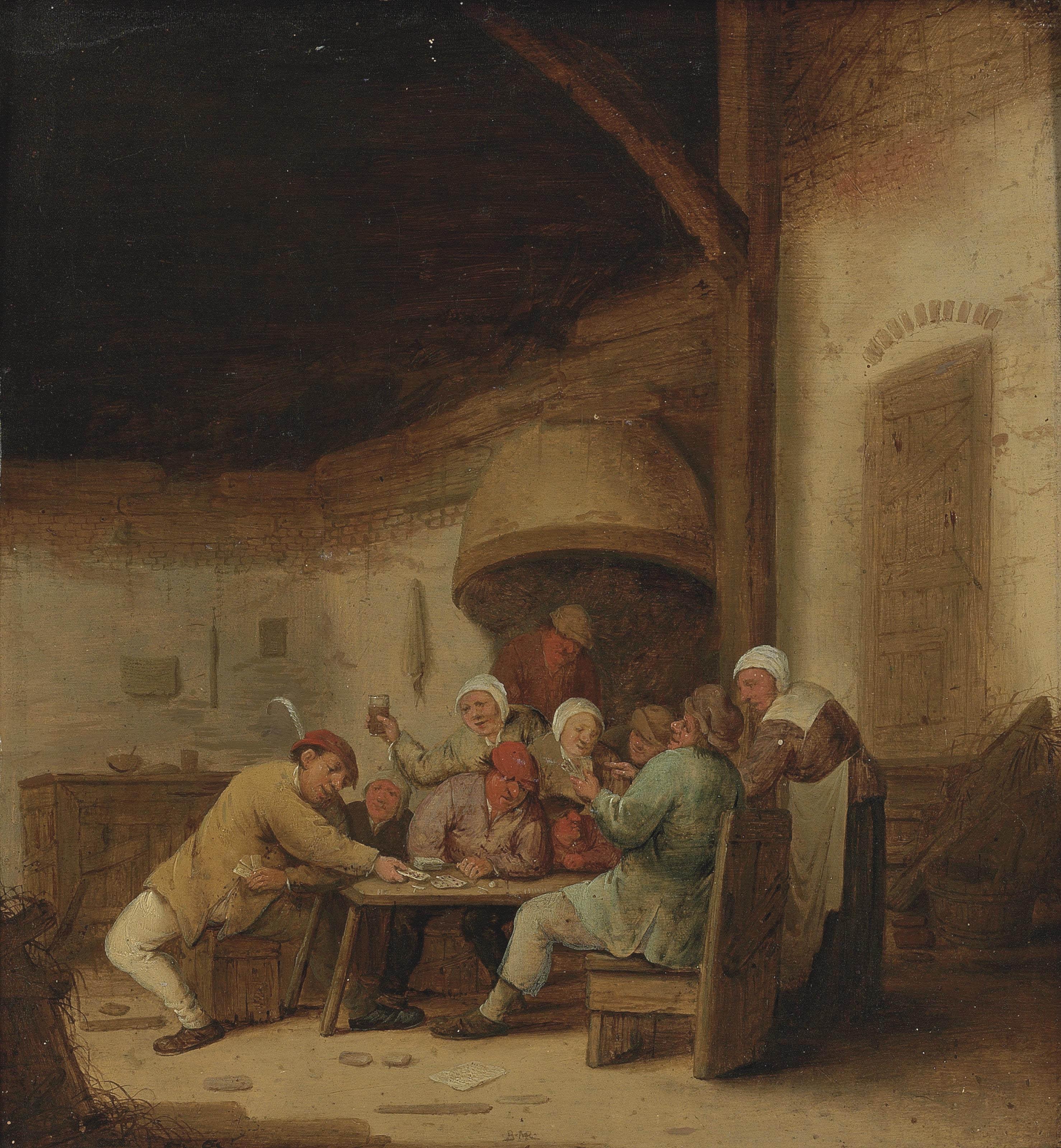 Bartholomeus Molenaer - Peasants drinking and playing cards in a tavern