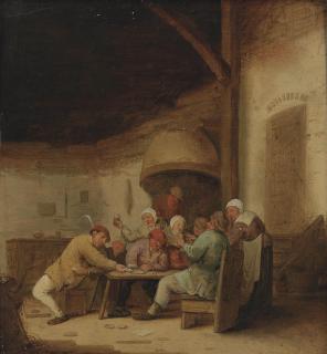 Bartholomeus Molenaer - Peasants drinking and playing cards in a tavern