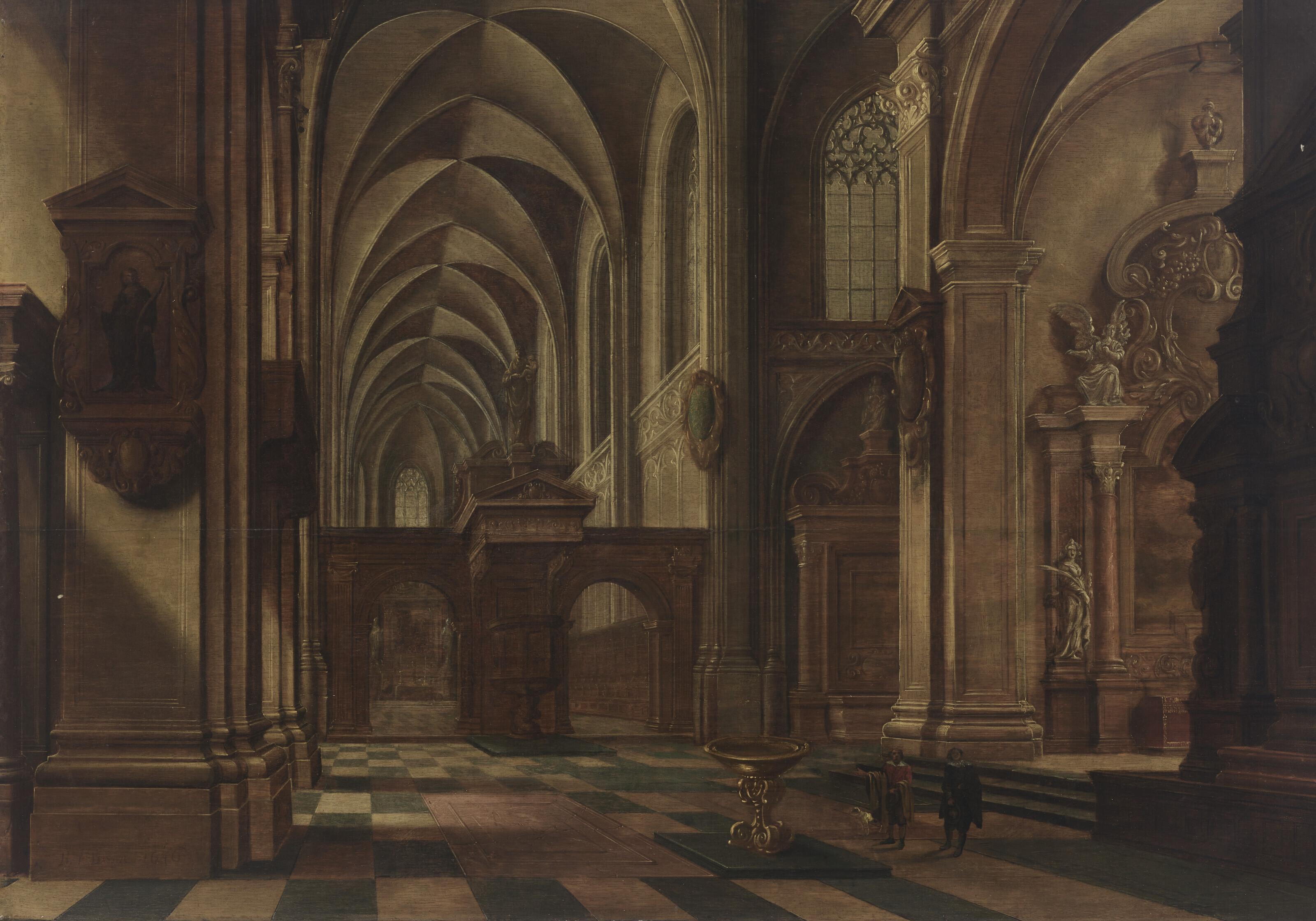 Bartholomeus van Bassen - A Catholic church interior, with figures and a dog by a font in the foreground