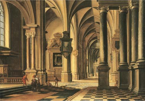 Bartholomeus Van Bassen - A church interior with elegant company conversing in the aisle