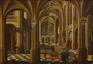 Bartholomeus van Bassen - A church interior with elegant figures and dogs