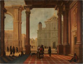 Bartholomeus van Bassen - An architectural capriccio with elegant figures and a church beyond