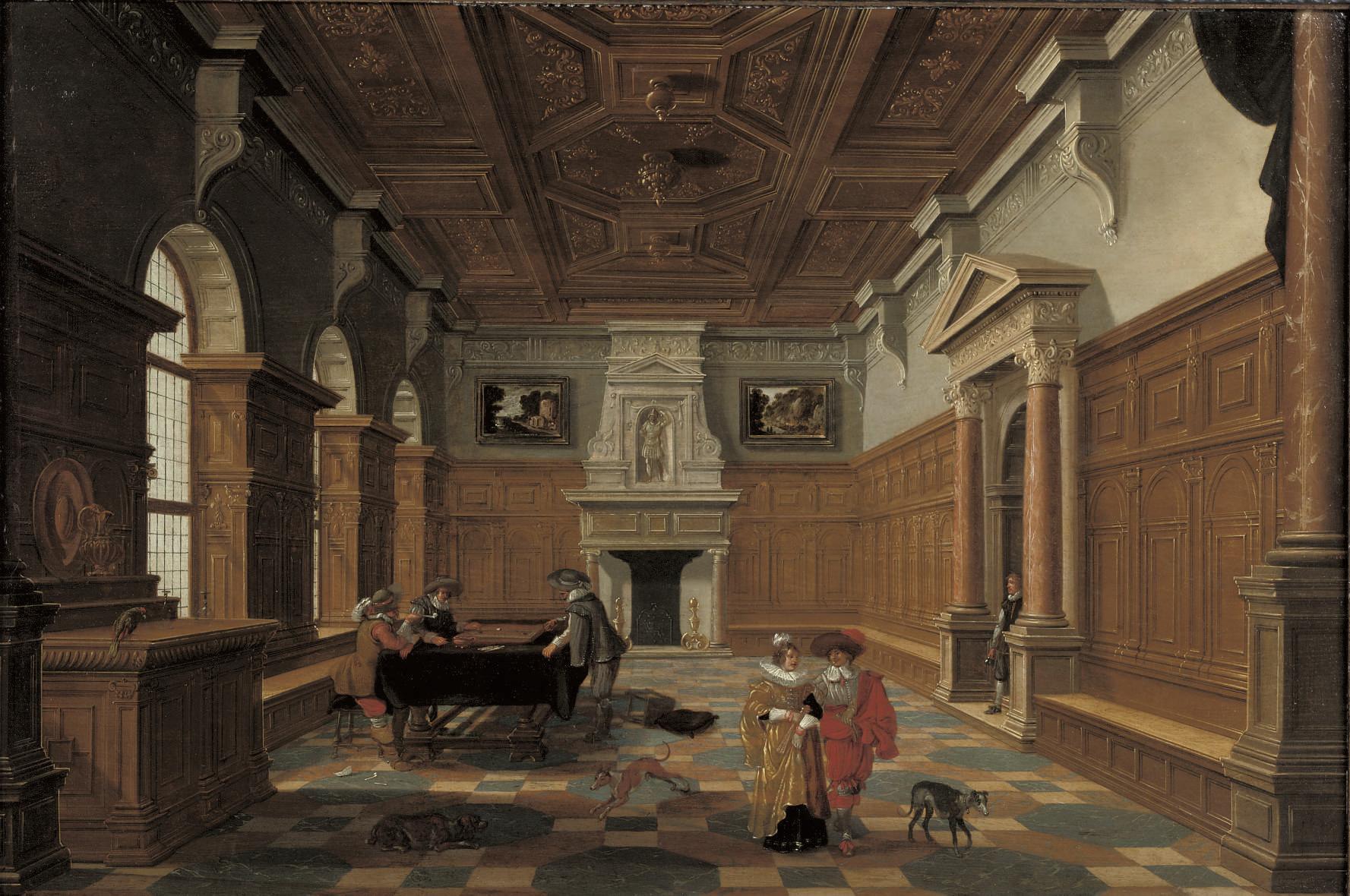 Bartholomeus Van Bassen - An interior with an elegant company playing backgammon