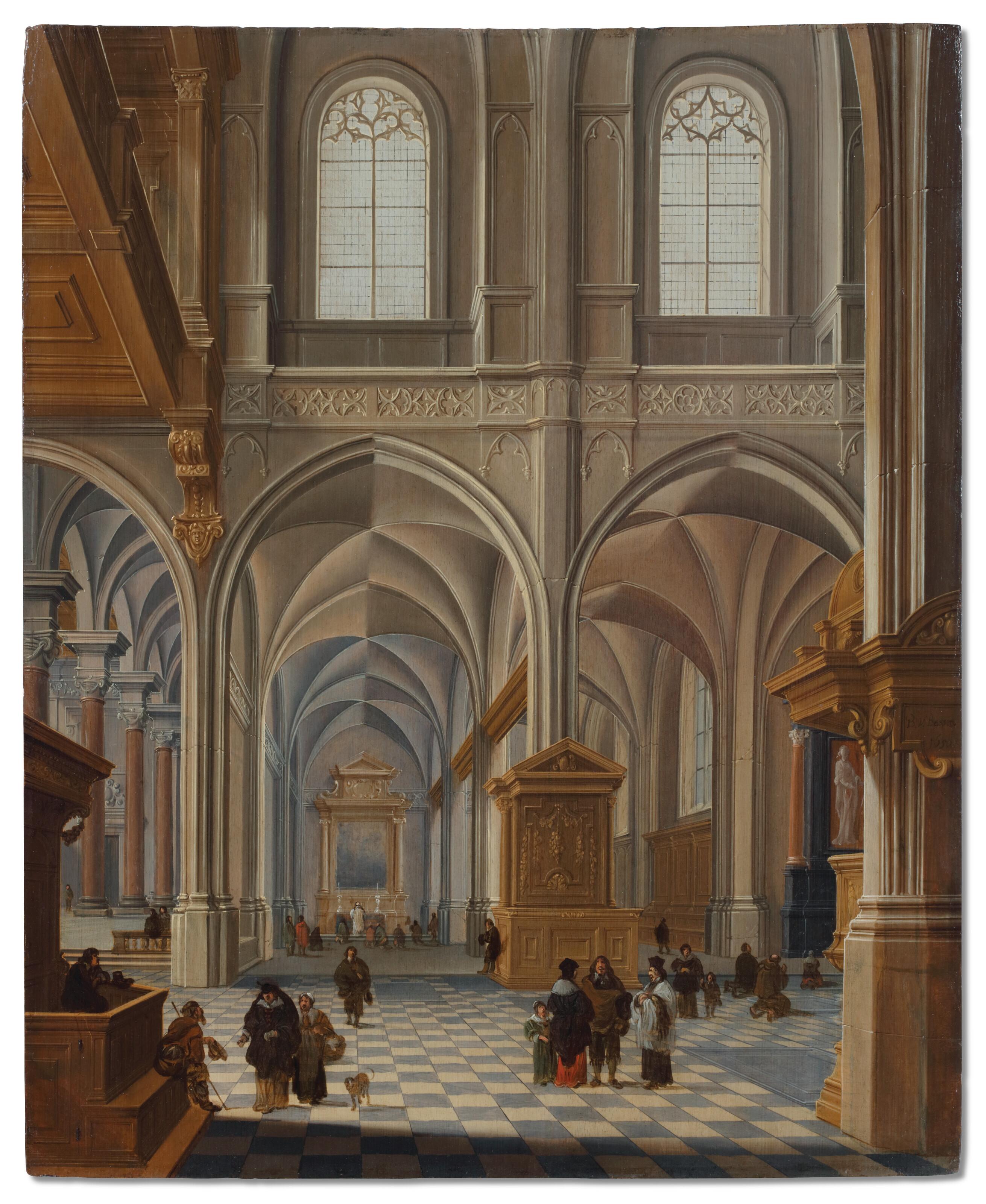 Bartholomeus Van Bassen - Interior of a church with elegantly dressed figures, friars and a clergyman