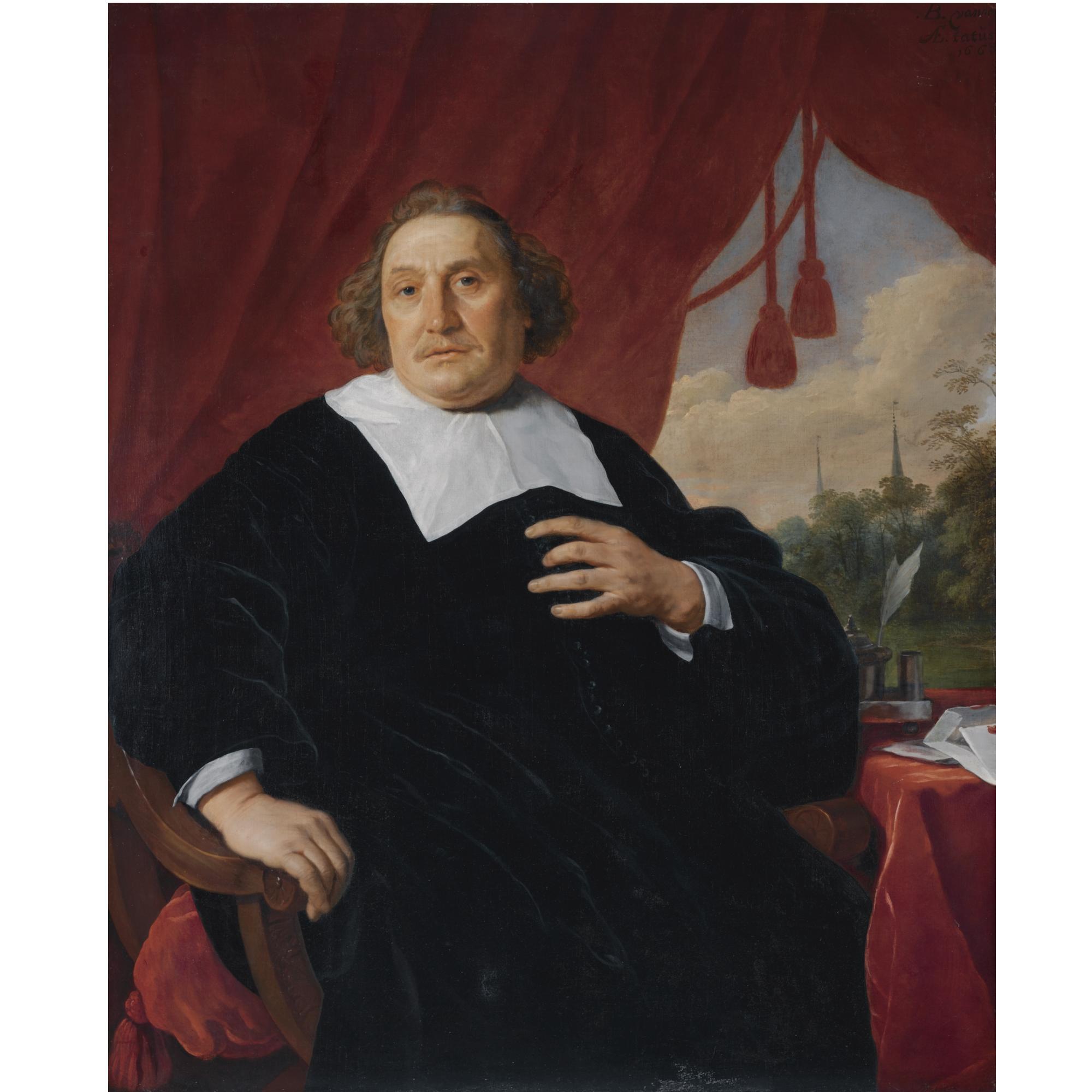 Bartholomeus Van Der Helst - Portrait Of A Gentleman In Black Robe, Three-Quarter Length, Seated At A Table, A Wooded Landscape With Two Church Spires In The Background