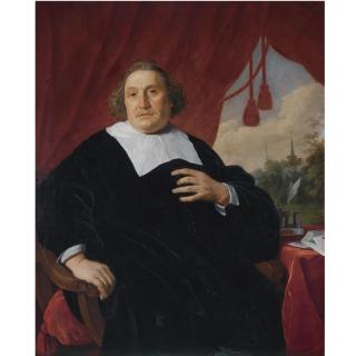 Bartholomeus Van Der Helst - Portrait Of A Gentleman In Black Robe, Three-Quarter Length, Seated At A Table, A Wooded Landscape With Two Church Spires In The Background