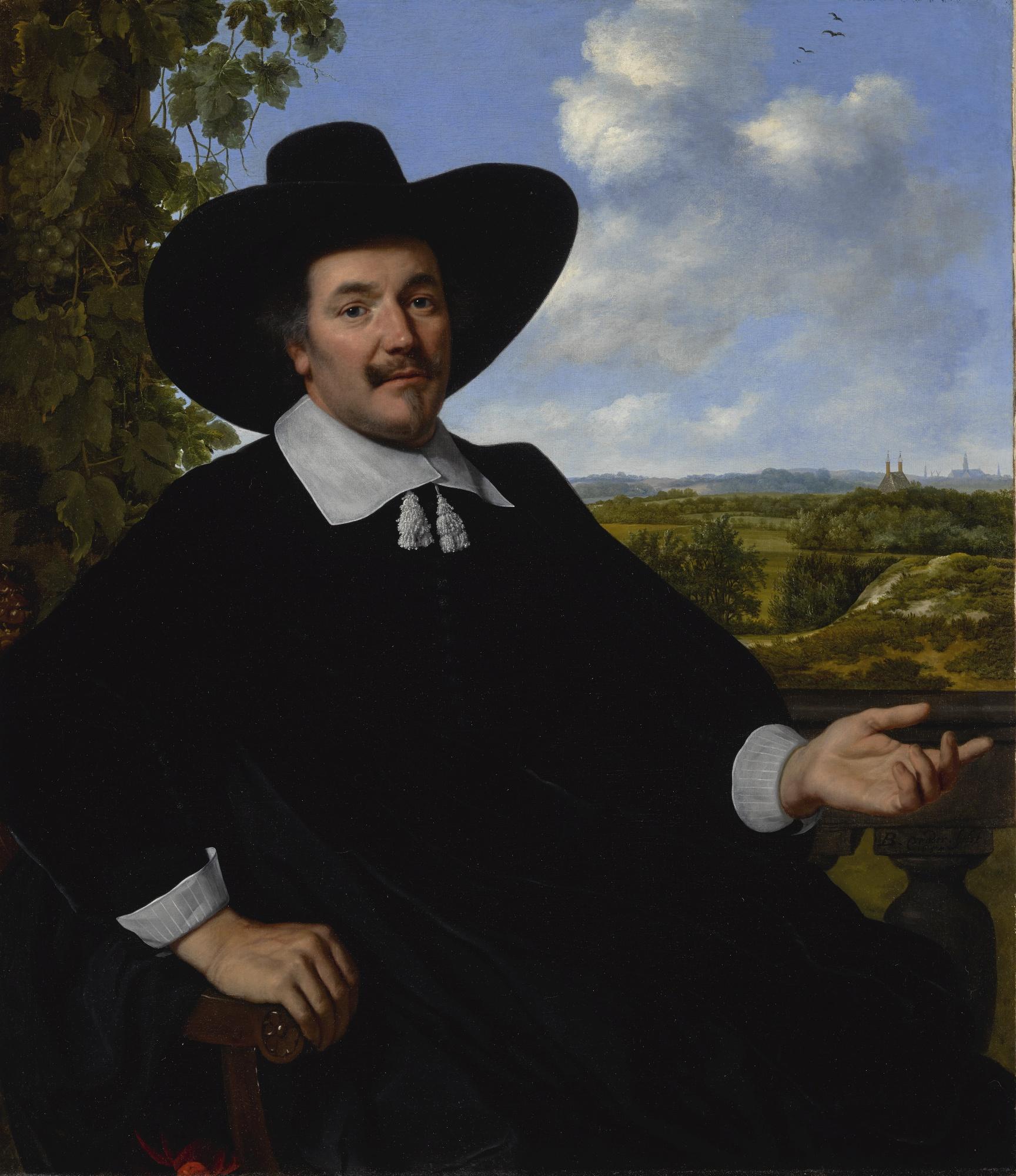 Bartholomeus Van Der Helst - Portrait Of A Gentleman, Probably Hendrick Zegersz Van Der Kamp, Seated Before A Balustrade, A Landscape With Country House And A Distant View Of Haarlem Beyond