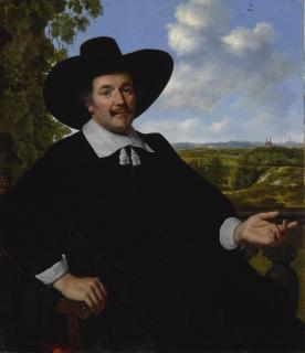 Bartholomeus Van Der Helst - Portrait Of A Gentleman, Probably Hendrick Zegersz Van Der Kamp, Seated Before A Balustrade, A Landscape With Country House And A Distant View Of Haarlem Beyond