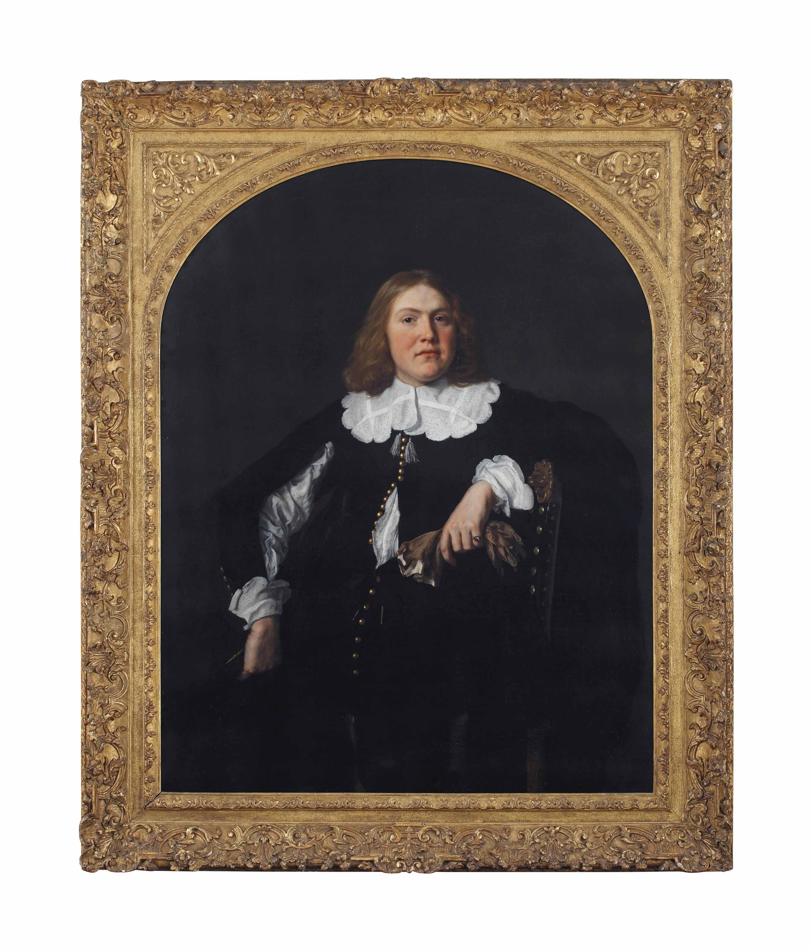 Bartholomeus van der Helst - Portrait Of A Gentleman, Three-Quarter-Length, In A Black Coat And Shirt With Lace Collar And Cuffs, Holding Gloves In His Left Hand, Leaning Against A Chair
