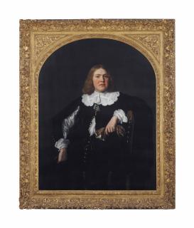 Bartholomeus van der Helst - Portrait Of A Gentleman, Three-Quarter-Length, In A Black Coat And Shirt With Lace Collar And Cuffs, Holding Gloves In His Left Hand, Leaning Against A Chair