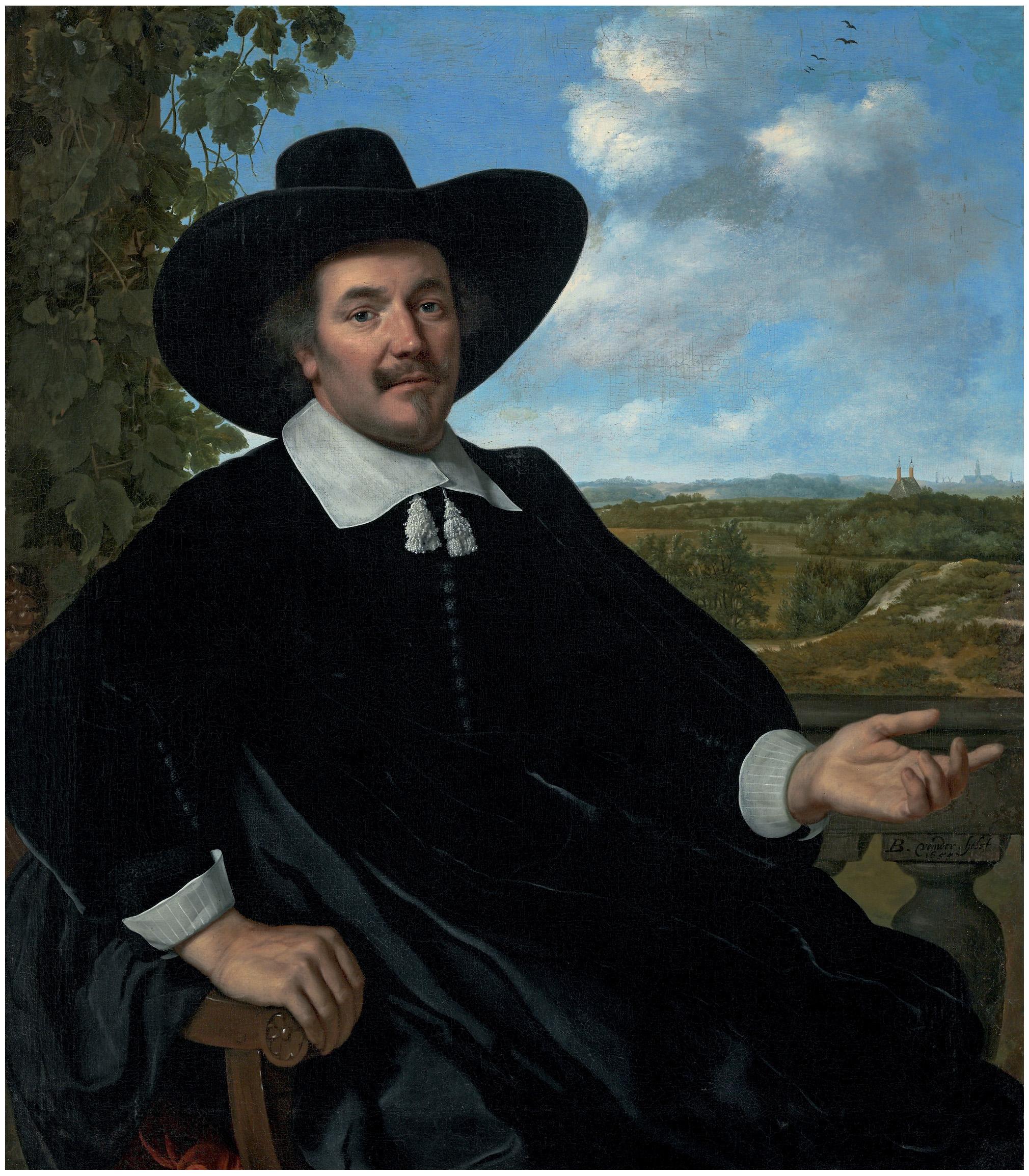 Bartholomeus van der Helst - Portrait of a gentleman, three-quarter-length, seated, before a balustrade, a landscape with a country house and a distant view of Haarlem beyond