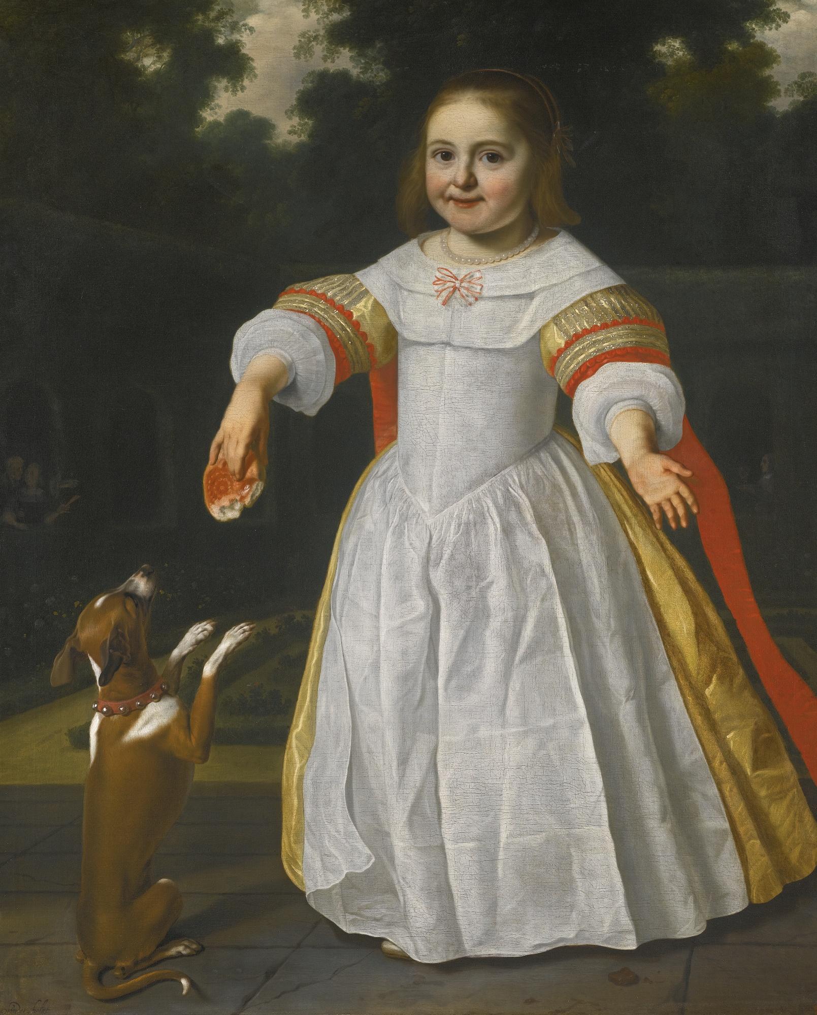 Bartholomeus Van Der Helst - Portrait Of A Girl, Full-Length, Holding A Breadbun And Playing With A Dog