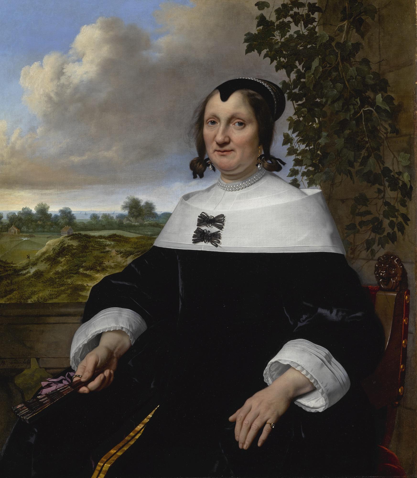 Bartholomeus Van Der Helst - Portrait Of A Lady, Probably Hester Du Pire, Seated Before A Balustrade, Holding A Fan, With A View Out To The Sea Beyond