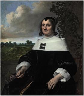 Bartholomeus van der Helst - Portrait of a lady, three-quarter-length, seated, before a balustrade, holding a fan, a landscape with bleaching fields and a view out to sea beyond