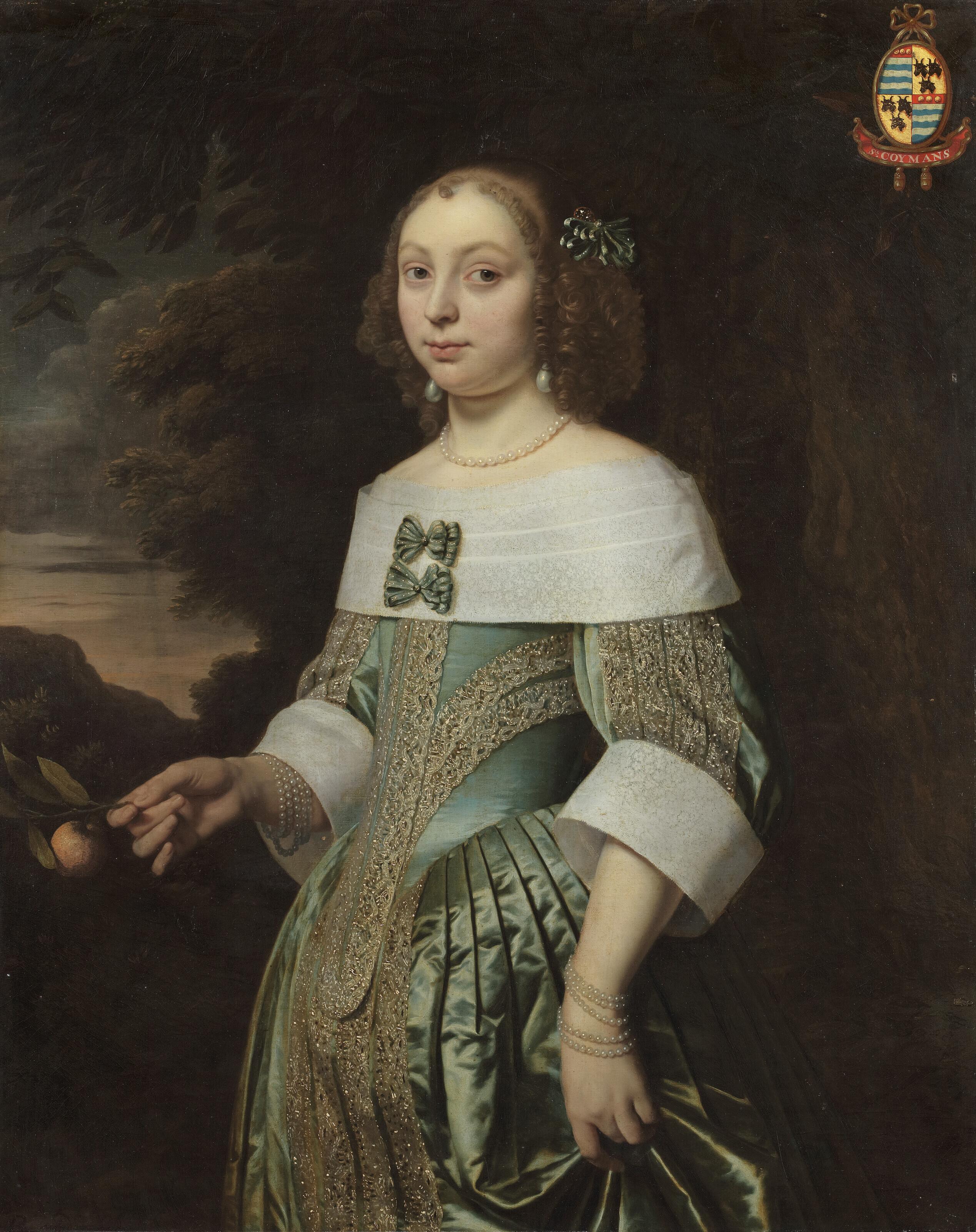 Bartholomeus van der Helst - Portrait of Sophia Coymans (1636-1714), three-quarter-length, holding a twig with an orange, before a landscape