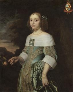 Bartholomeus van der Helst - Portrait of Sophia Coymans (1636-1714), three-quarter-length, holding a twig with an orange, before a landscape