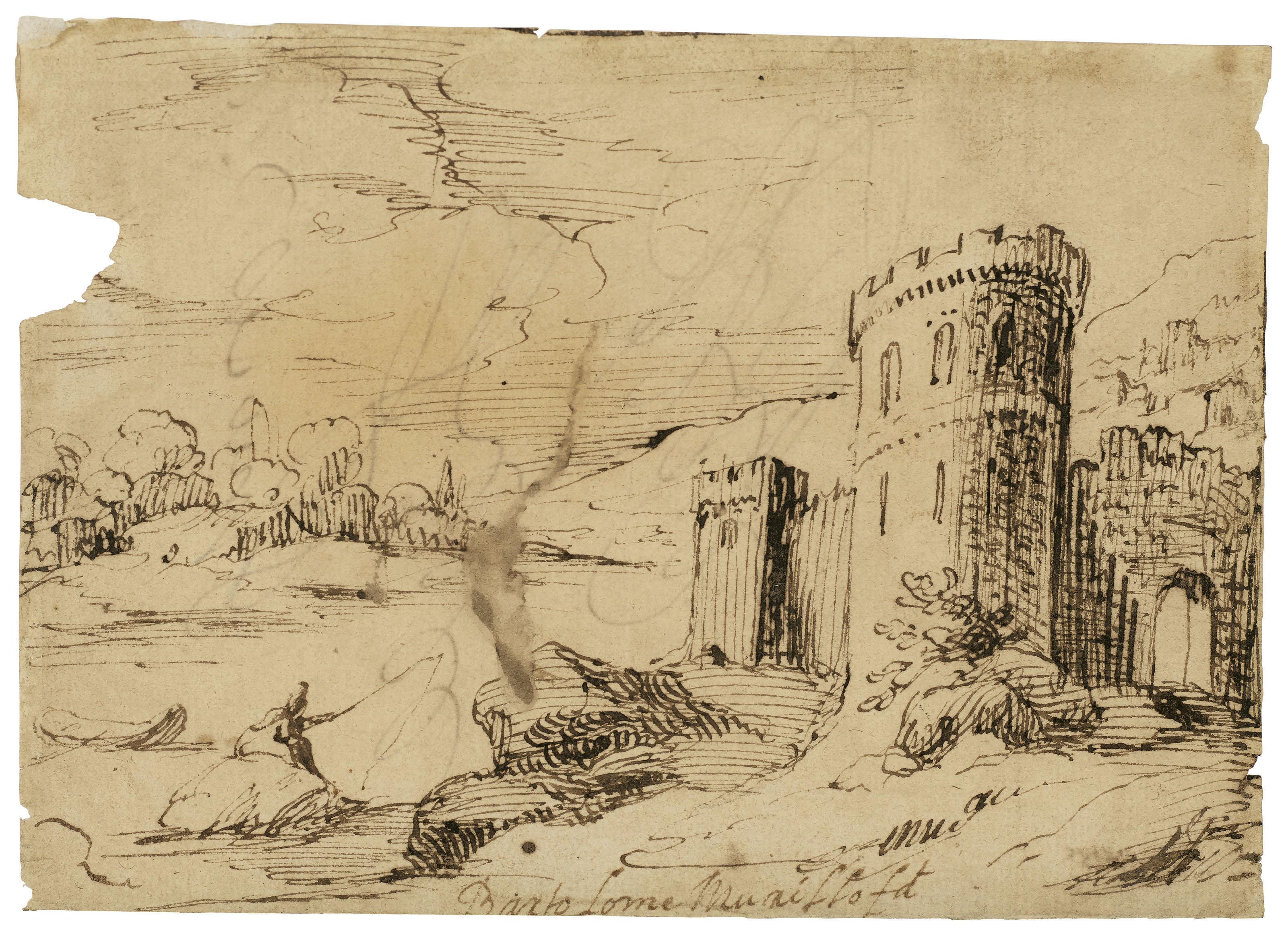 Bartolomé Esteban Murillo - A river landscape with a fisherman near a castle (recto); Calligraphic exercises (verso)