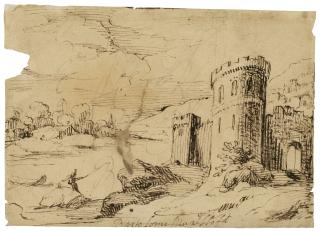 Bartolomé Esteban Murillo - A river landscape with a fisherman near a castle (recto); Calligraphic exercises (verso)