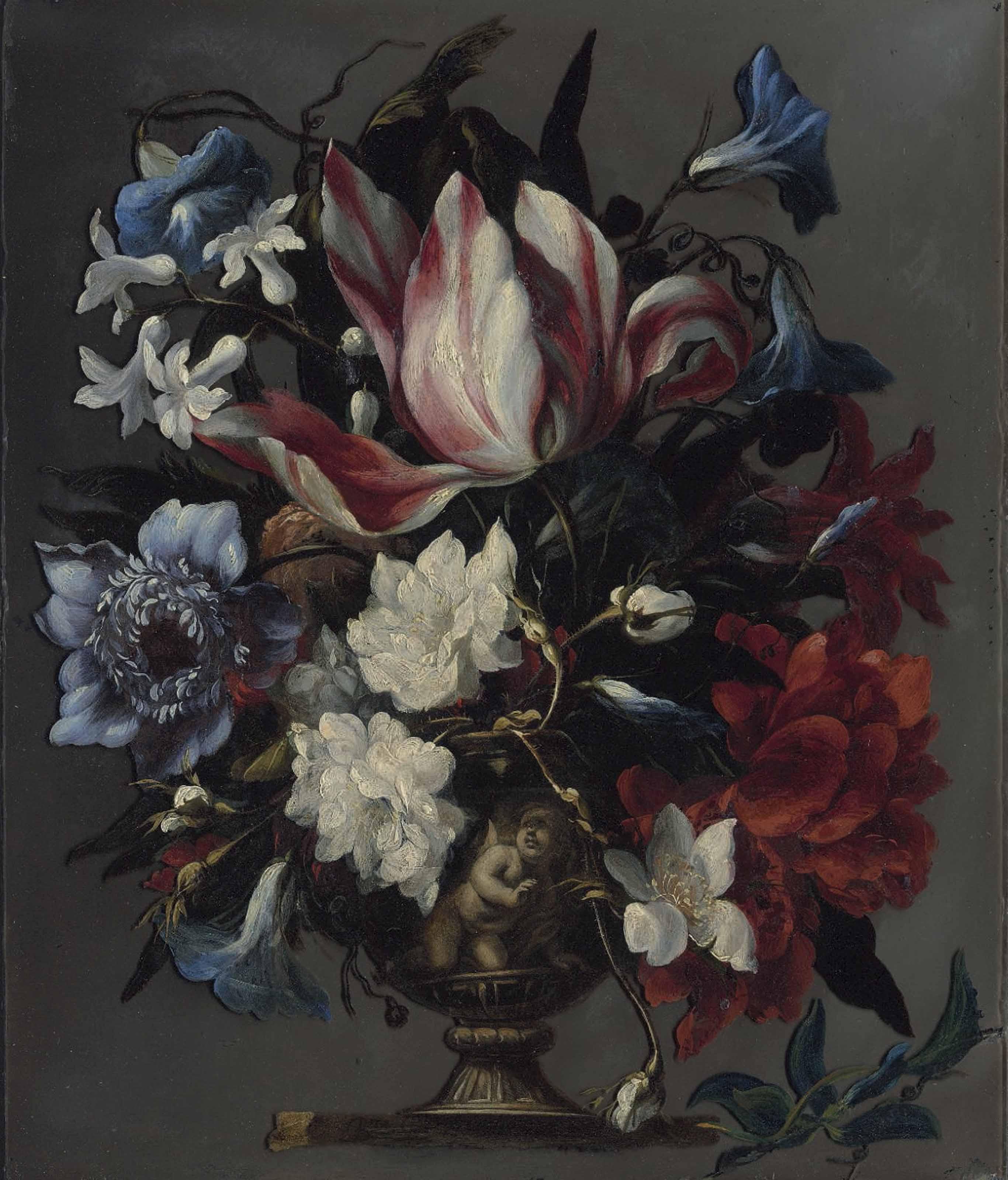 Bartolomé Pérez - A Parrot Tulip, An African Marigold, Morning Glory, Hyacinths And Other Flowers In A Sculpted Urn, On A Ledge